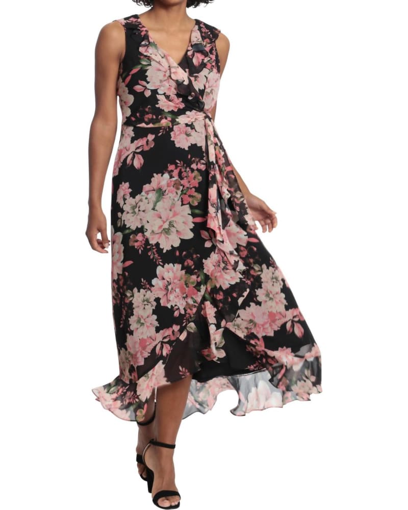 Front of a model wearing a size 10 Floral Ruffled Chiffon Maxi Dress In Black/Blush in Black/Blush by London Times. | dia_product_style_image_id:346625